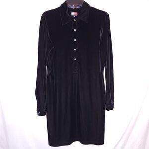 Tommy Hilfiger Velvet Dress Medium Black Button Down Long Sleeve Vintage